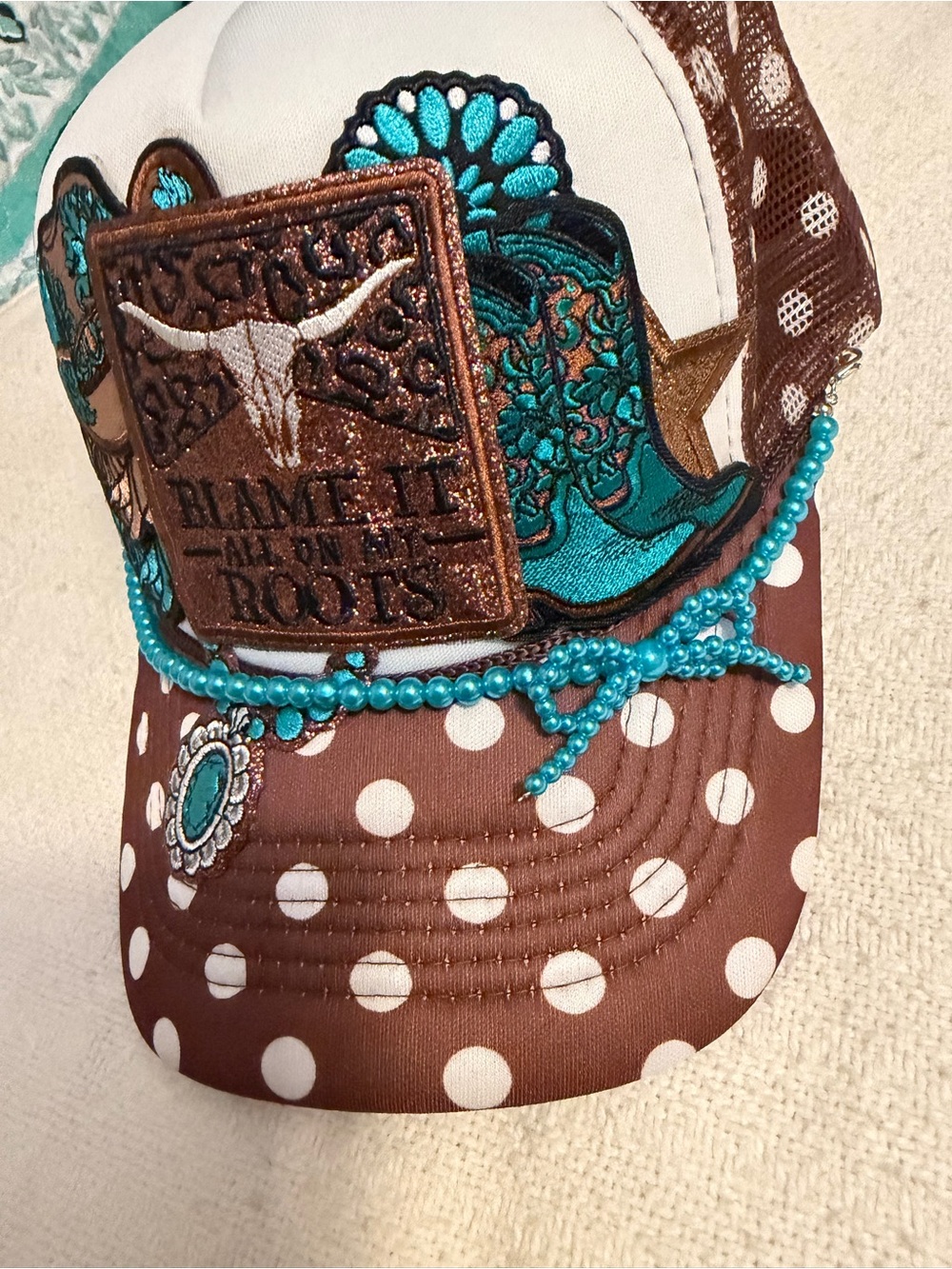 Kids Polka Dot Brown & Turquoise Beaded Trucker Hat